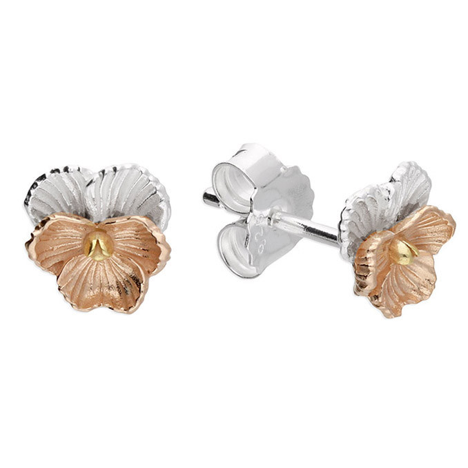 Silver 3 Tone Yellow and Rose Flower Stud 1