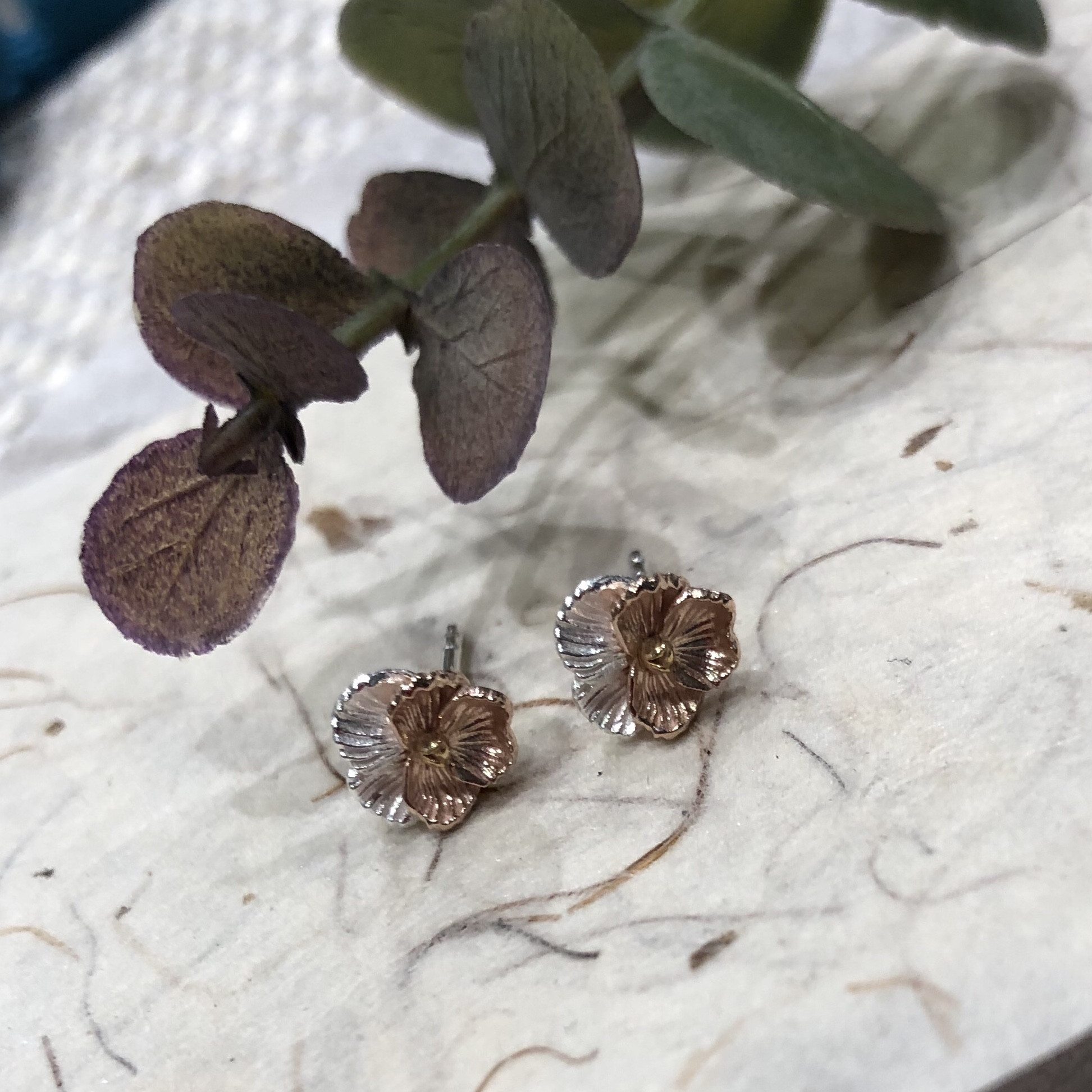 Silver 3 Tone Yellow and Rose Flower Stud 2