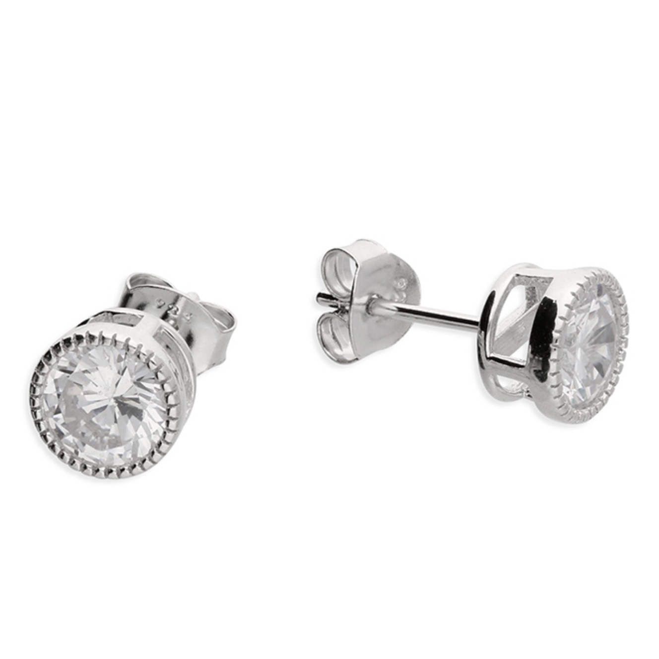 Silver Cubic Zirconia Stud With Millgrain Surround
