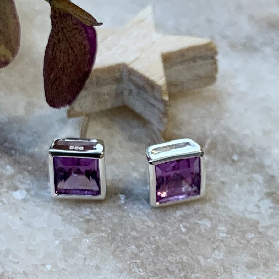 Silver Square Real Amethyst Stud 2