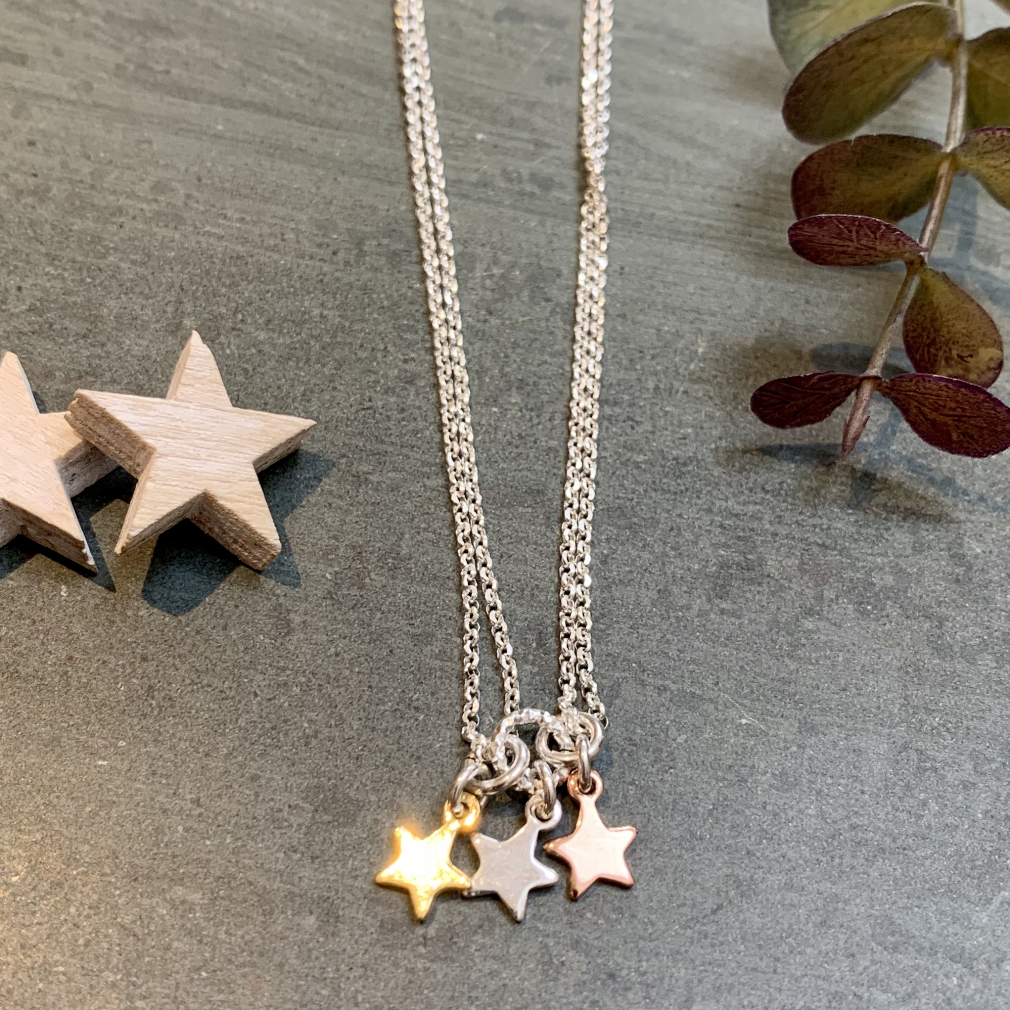 Silver Three-Tone Stars on Double Chain 2