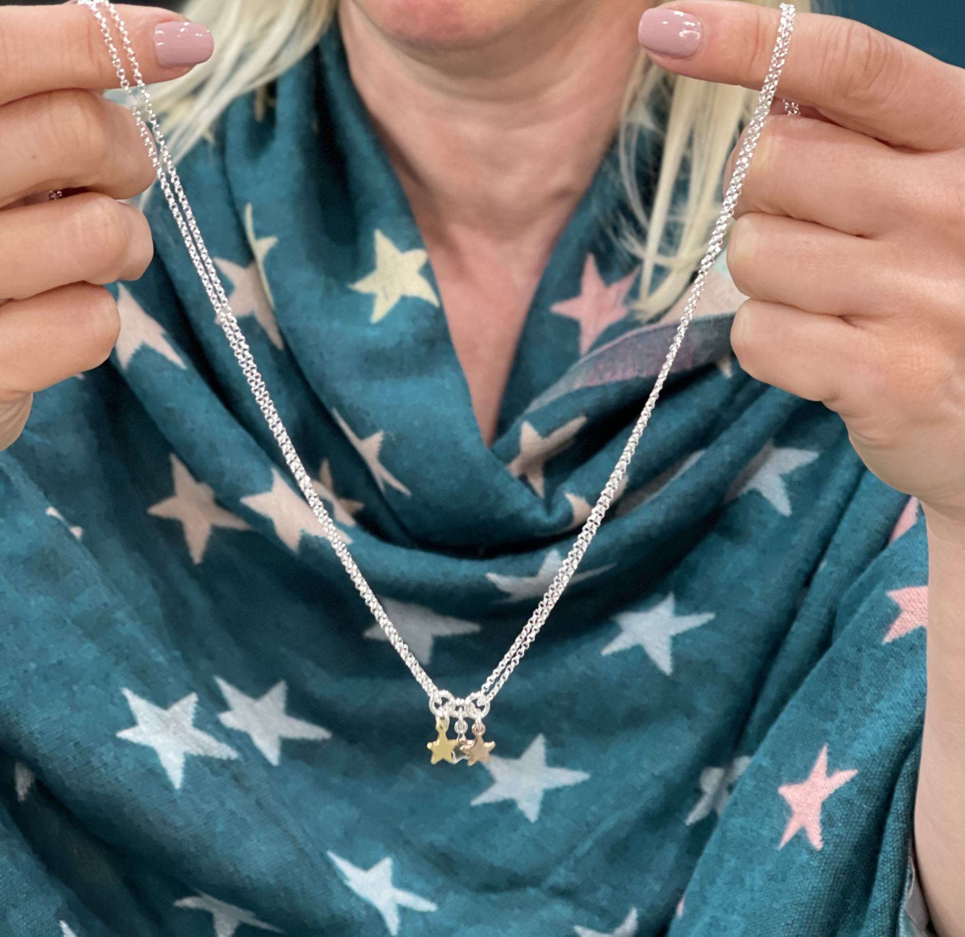 Silver Three-Tone Stars on Double Chain 3