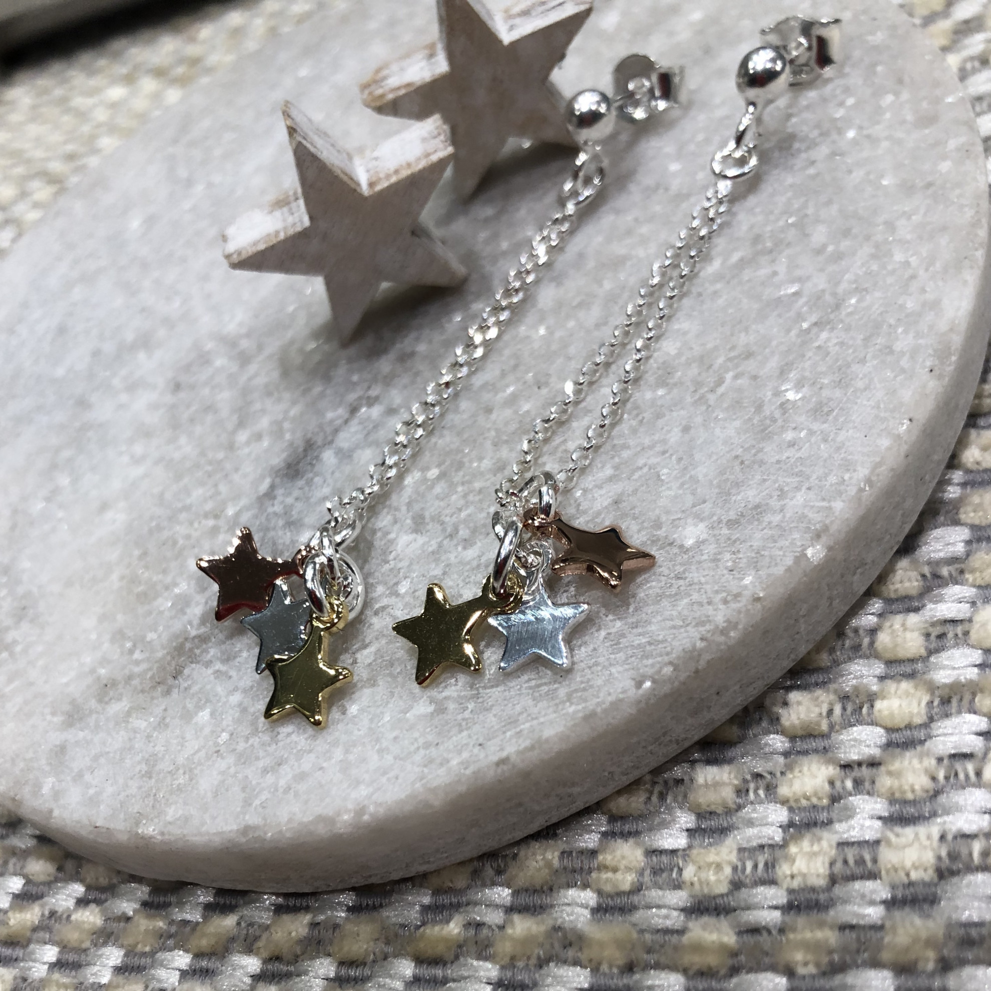 Silver Triple Star Drop Earrings 2