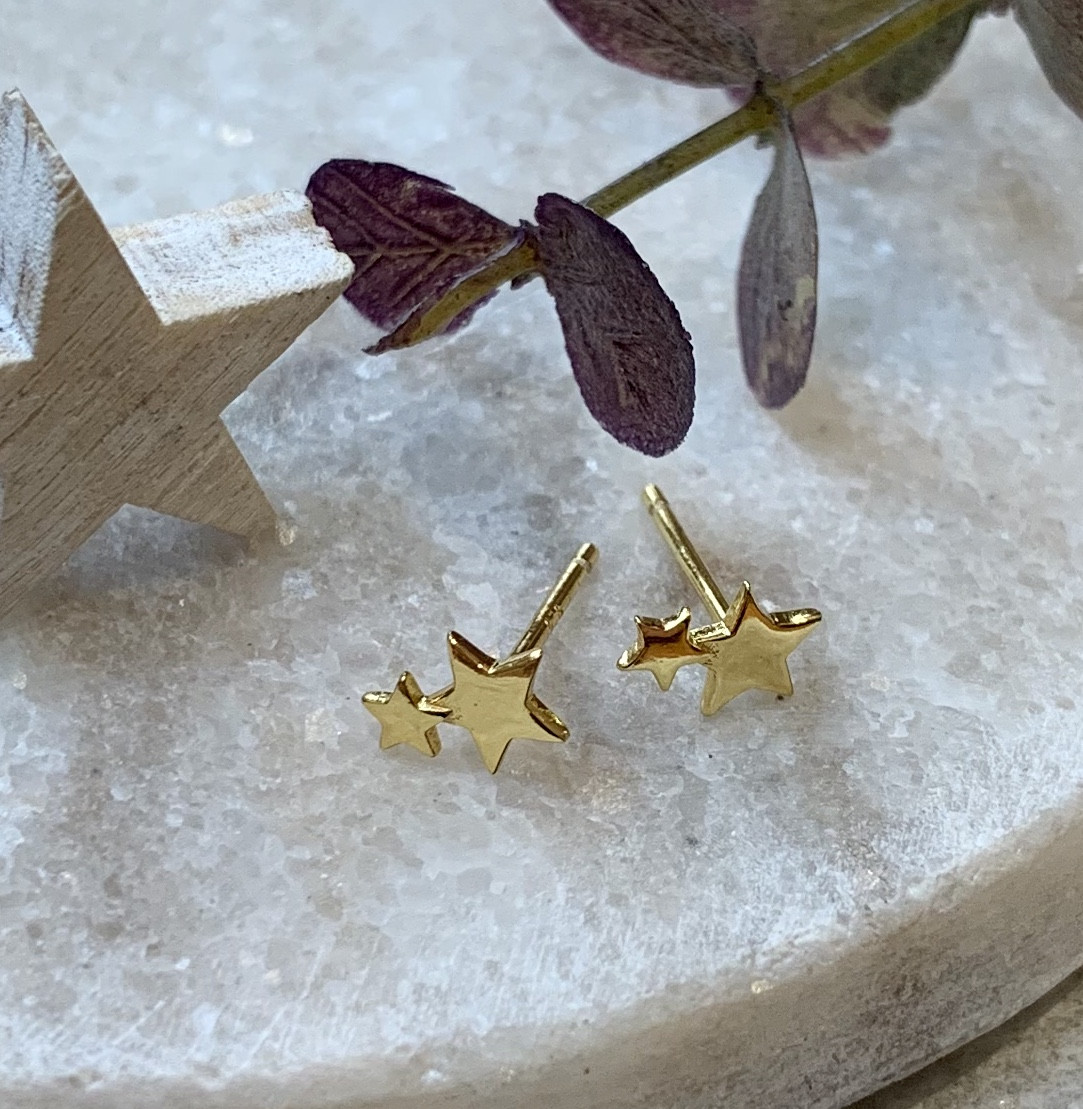 Silver Yellow Gold-Plated Flat Double Star Stud 2