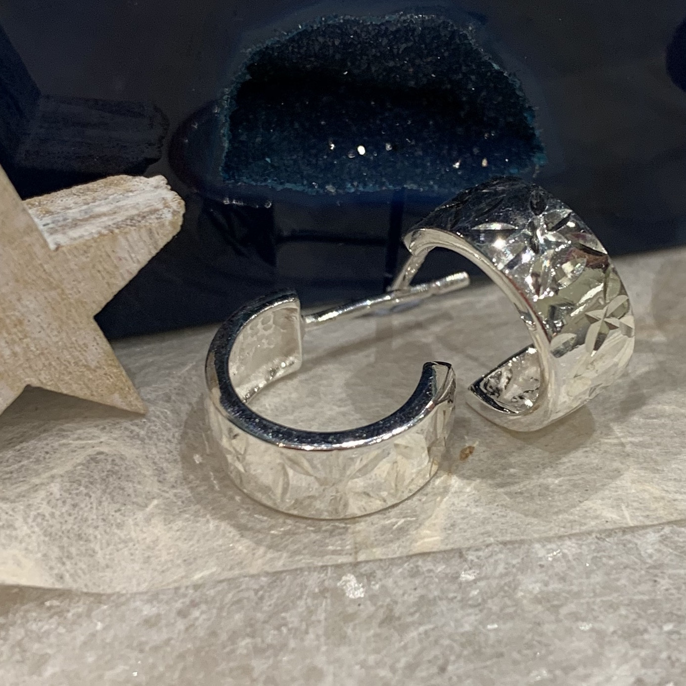 Silver patterned Wedding Band hoop Earrings 2