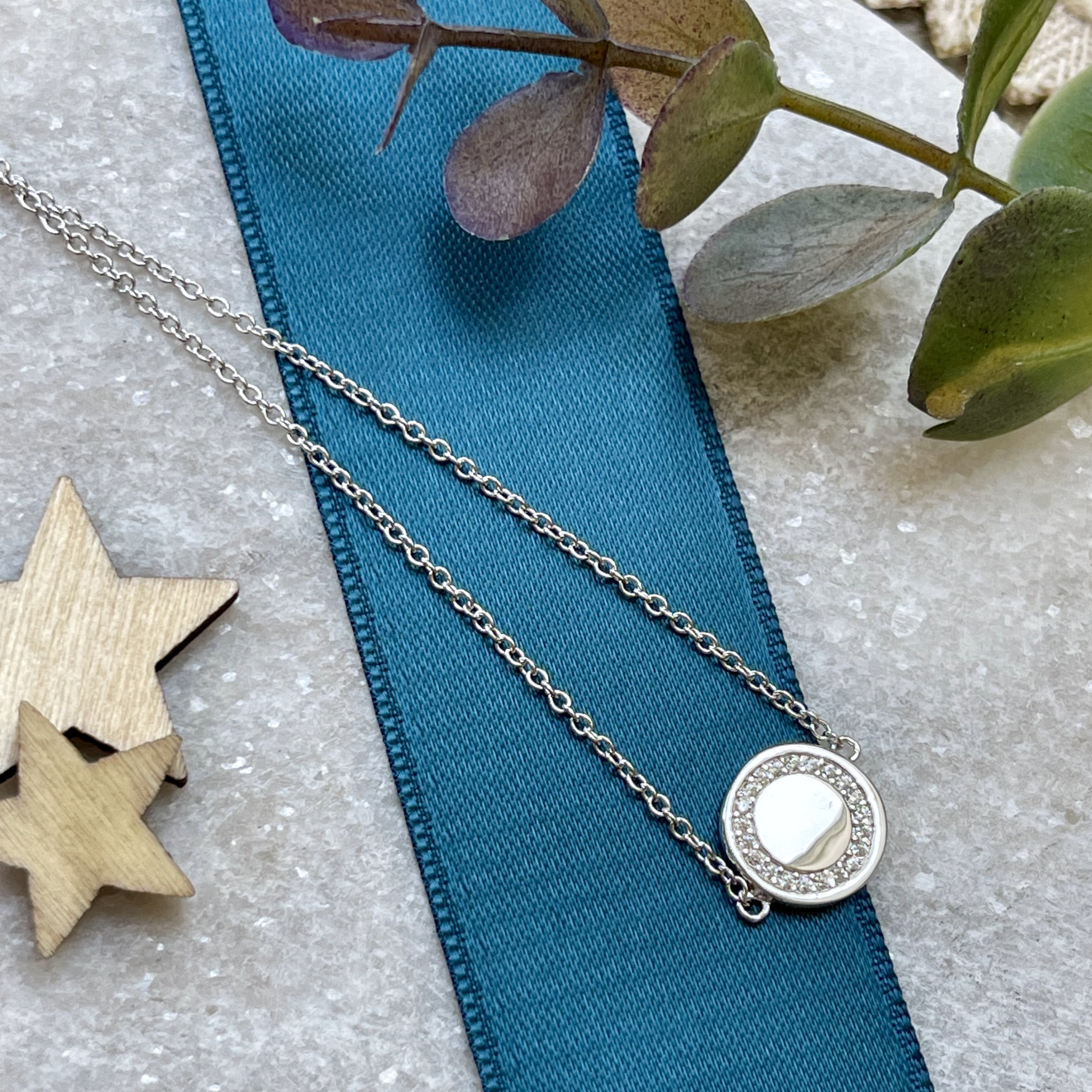 Sterling Silver Bracelet with a Cubic Zirconia Edged Disc 2