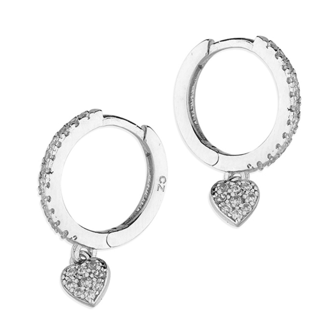 Sterling Silver Earring 12mm Cubic Zirconia Heart Charm Huggie Hoop Earrings