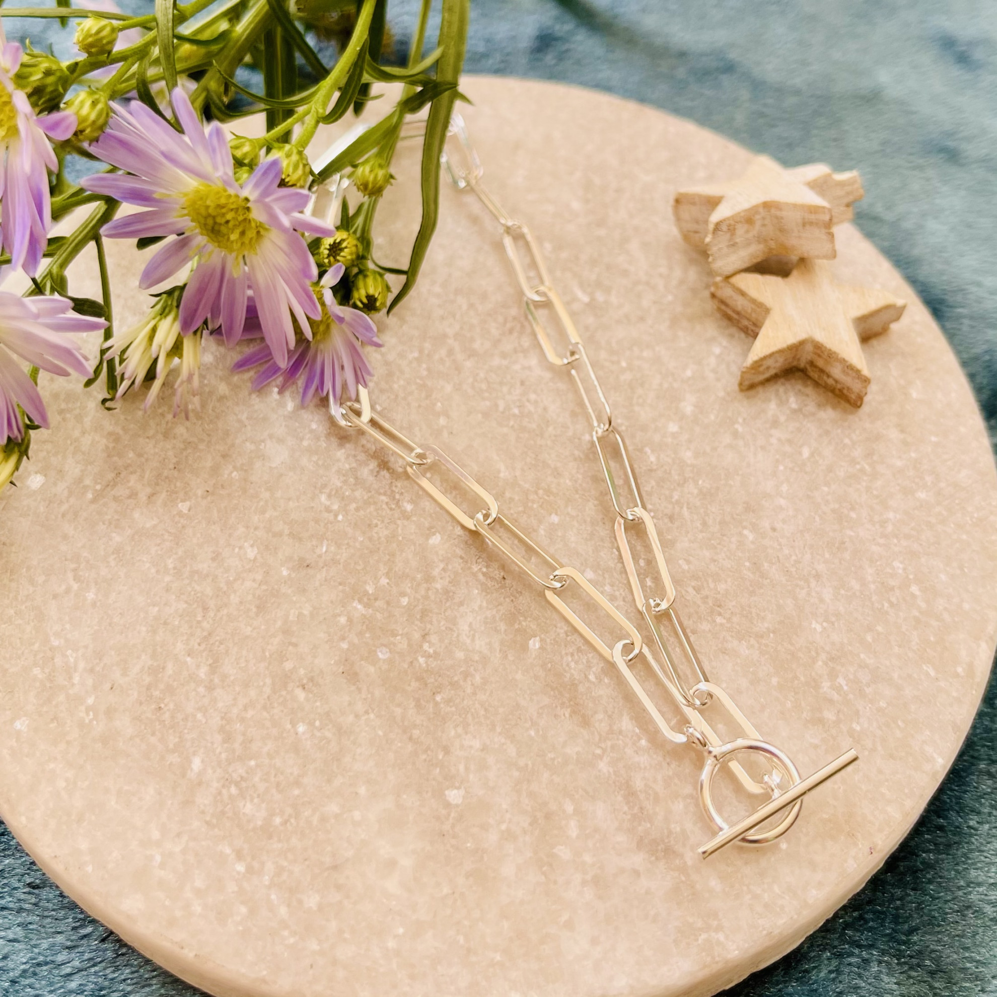 Sterling Silver Flattened Oval Open Belcher T-bar Bracelet 2