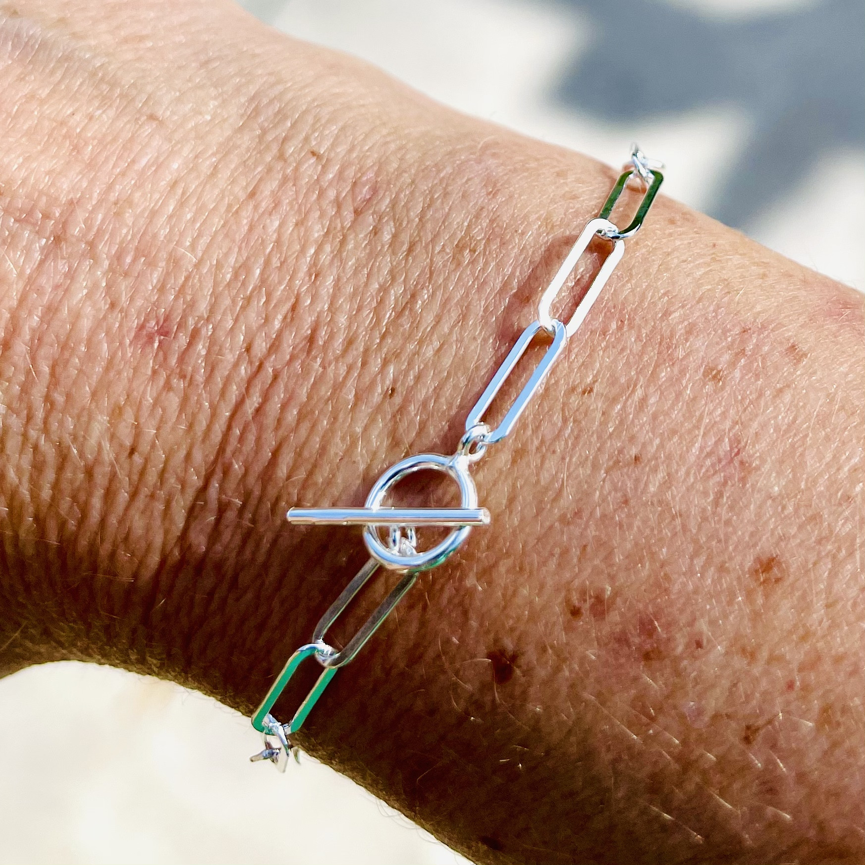 Sterling Silver Flattened Oval Open Belcher T-bar Bracelet 3