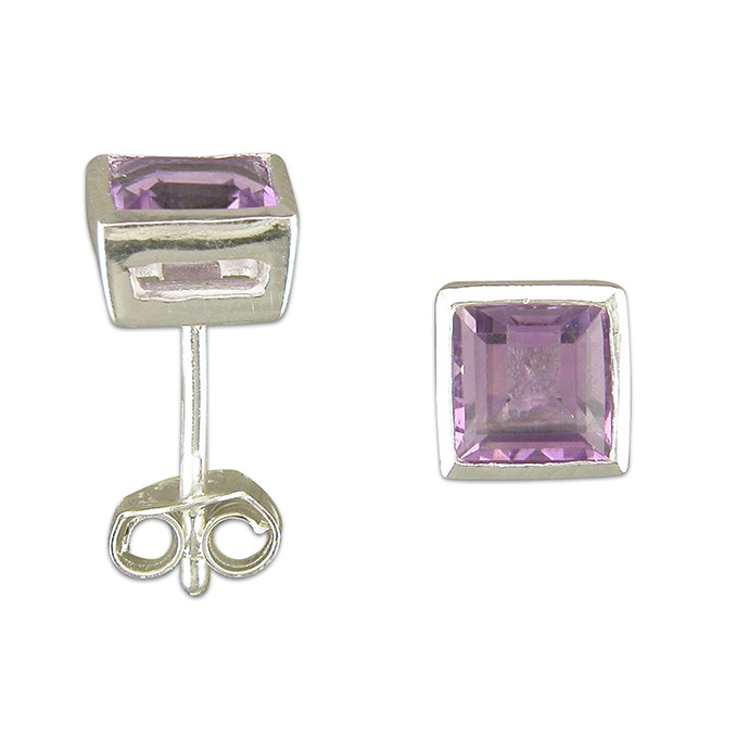 Silver Square Real Amethyst Stud 1