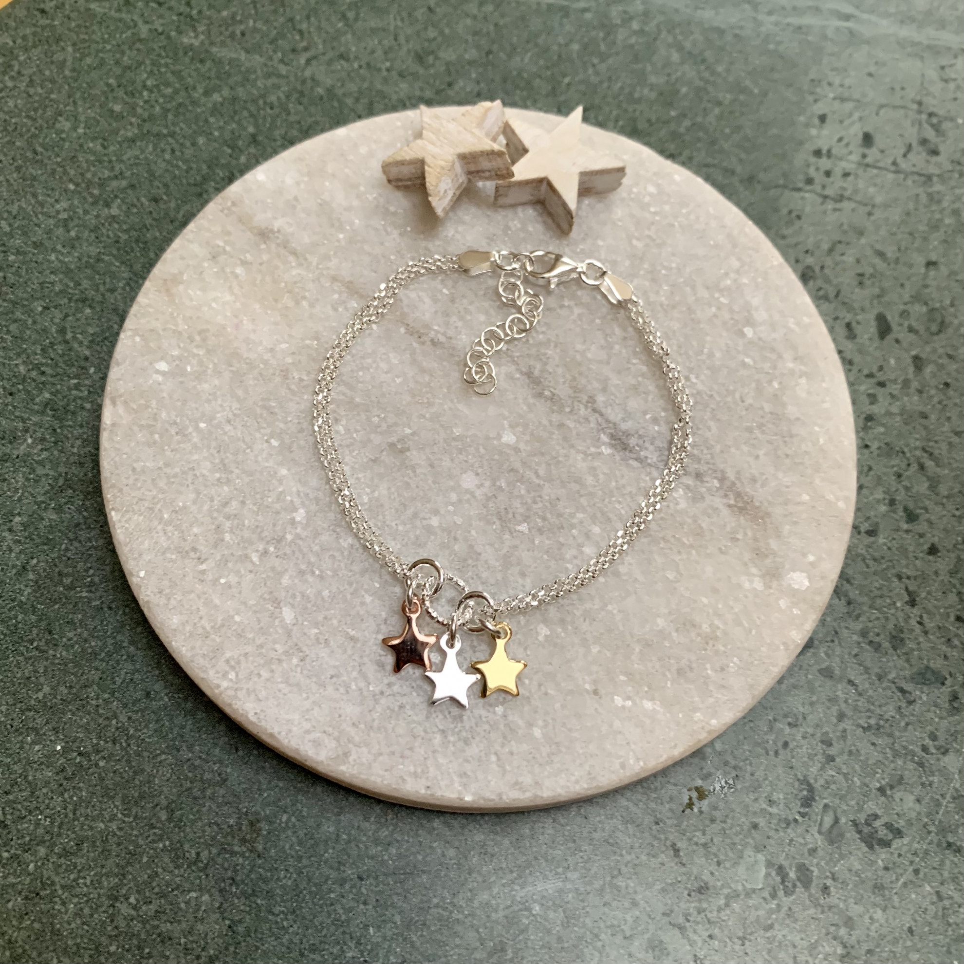 Sterling Silver Three-Tone Triple Star Bracelet 2