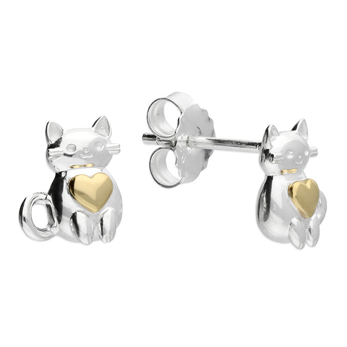 Silver Cat Stud With Gold Plated Heart 1