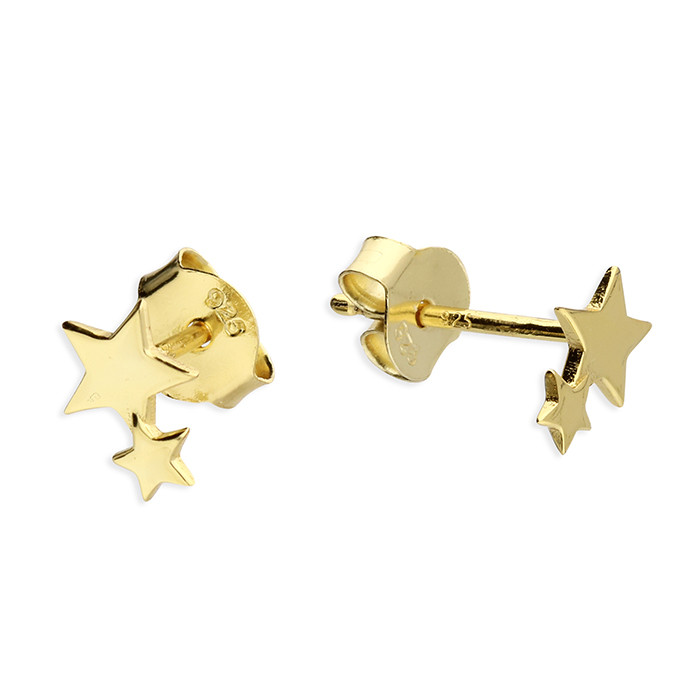 Silver Yellow Gold-Plated Flat Double Star Stud 1